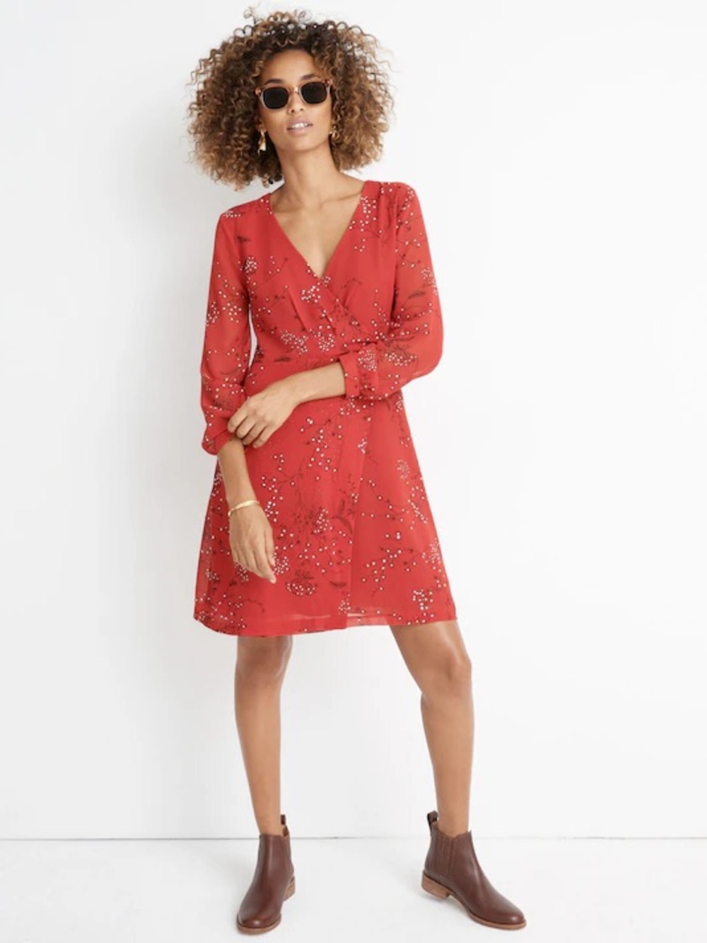 Madewell Hazelwood Wrap-Front Sheer Long Sleeve Mini Dress 00 Red Floral Holiday